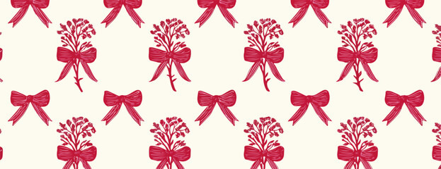 Padr&atilde;o de vetor vermelho de buqu&ecirc;s de flores e la&ccedil;os sobre fundo branco