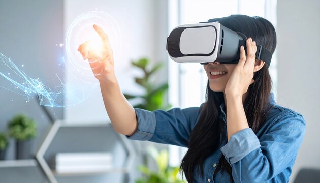 Smiling woman in VR headset interacting with futuristic digital interface in modern home.