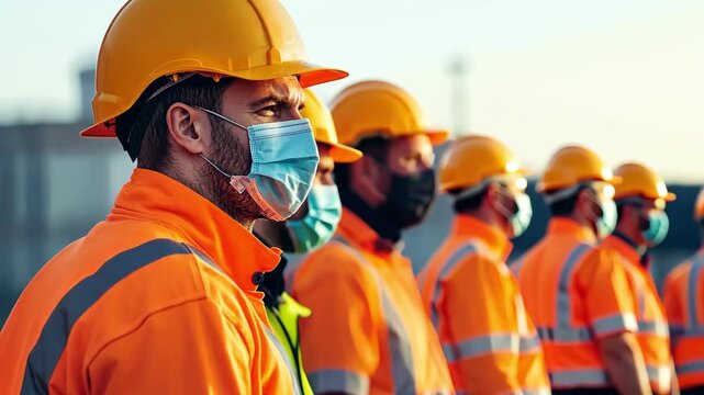 Construction workers wearing masks and hard hats standing in a row outdoors.