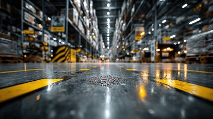 Industrial Warehouse Storage and Logistics Concept with Boxes on Shelves, and Floor Markings
