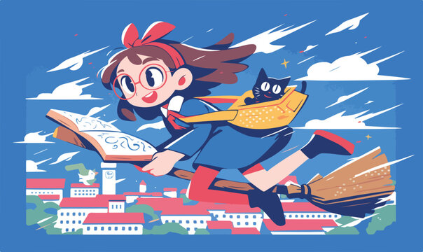 Menina de &oacute;culos em vassoura m&aacute;gica voando com gato e livro sobre cidade