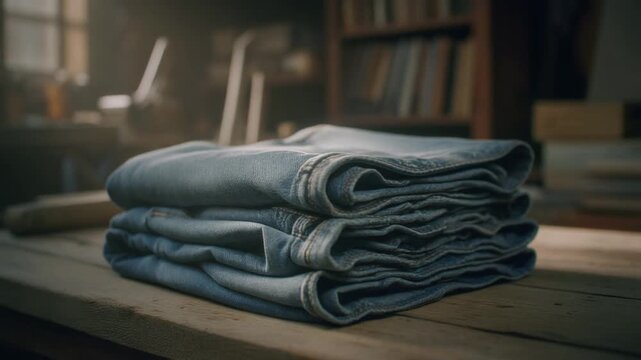 A folded stack of vintage denim jeans sits on a rustic wooden table