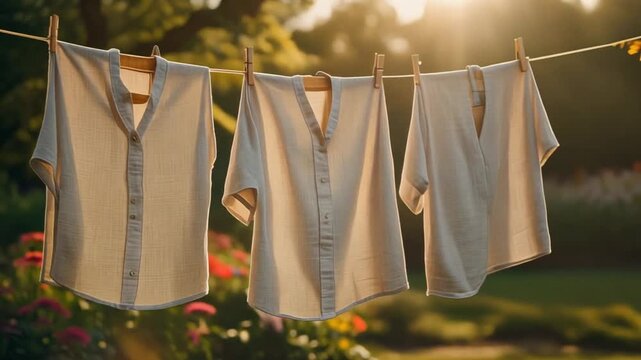 A gentle breeze moves through hanging linen shirts on a clothesline