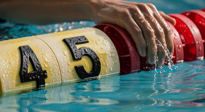 Swimming lane marker close up, with swimmer's wet hand, floating in blue water, and black numbers on the yellow buoy, droplets of water covering the marker.