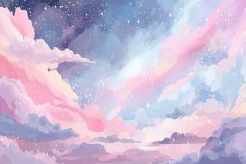 Dreamy Pastel Sky Scene with Clouds and Stars in Watercolor Style