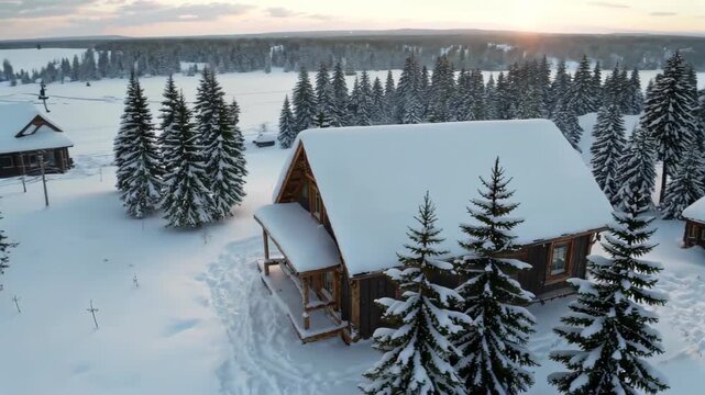Wooden houses and forest landscape in the snow