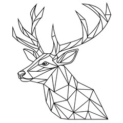 A geometric line drawing of a deer head in profile, composed of angular polygons. The antlers are large and branching, giving the design a modern, abstract style.