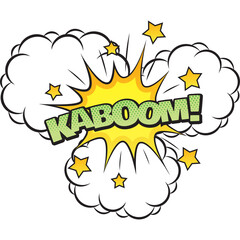 Comic Book Style Explosion With The Word Kaboom In Green Letters And Yellow Stars On A White Background With Three White Clouds Representing Smoke
