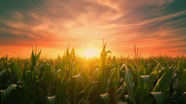 A cornfield swaying gently in the wind under a golden sunset sky