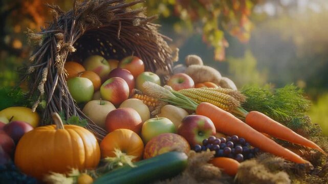 A close-up view of a cornucopia overflowing with a variety of harvest fruits and vegetables
