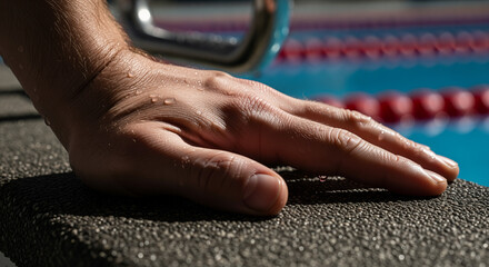 Man's hand with water droplets resting on a rough starting block at a swimming pool with lane dividers in the background, showcasing athlete preparation in sharp sunlight.