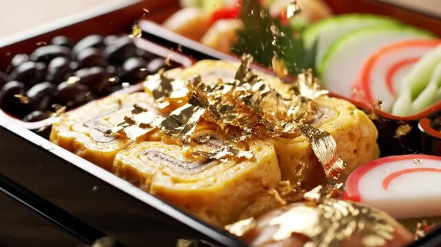 Close up of traditional Japanese Osechi Ryori food assortment with gold leaf.