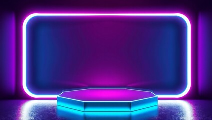 Futuristic neon podium stage with glowing purple and blue lights