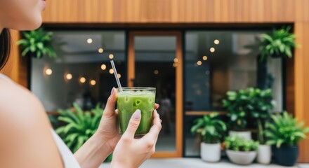Woman holding a green smoothie with a straw in front of a building with plants and string lights