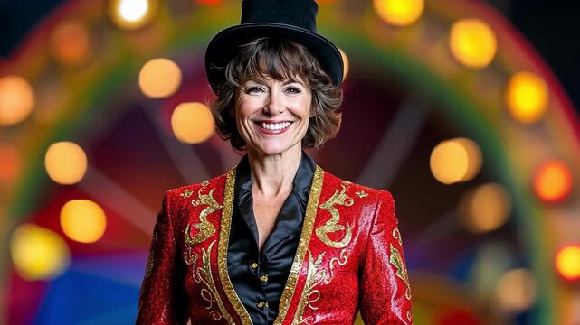 Smiling woman in a ringmaster costume with a colorful, blurred background.
