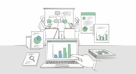 Business meeting with data analysis and charts on laptop screen.