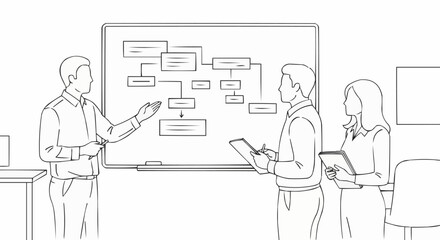 Business meeting with flowchart presentation on whiteboard.