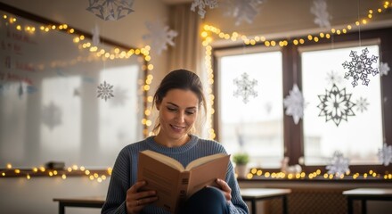 Woman reading a book in a room decorated with christmas lights and paper snowflakes hanging from ceiling