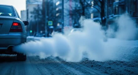 Car emitting exhaust fumes on a snowy street in winter with buildings in the background on a cold day