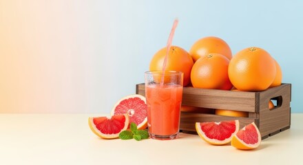 Still life of grapefruit juice being poured into a glass with grapefruit in a wooden crate on a table