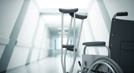 Wheelchair and crutches in a hospital hallway representing medical assistance and physical therapy needs