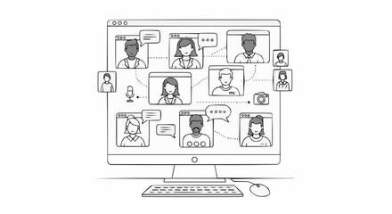 Hand drawn sketch of a virtual team meeting on a computer screen.