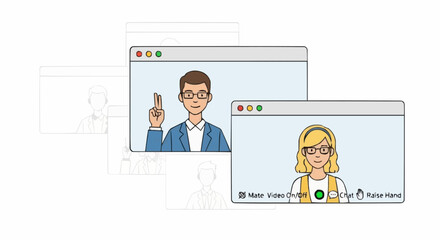 Online meeting with two people, one man and one woman, video call.