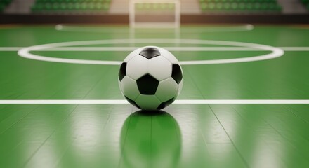 A soccer ball centered on a green field with white lines and a goal in the background indoors