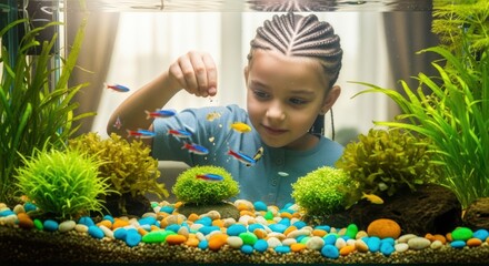 A young girl feeding colorful fish in an aquarium with plants and decorative rocks in a home setting