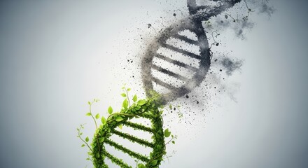 Dna strand with green leaves and disintegration effect on a light gray gradient background design