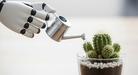 A robot hand watering a cactus with a silver watering can in a glass pot on a white background