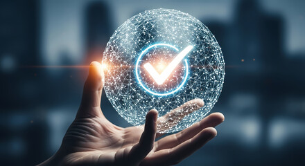 A hand holds a glowing sphere with a checkmark, symbolizing approval, success, and validation against a blurred cityscape background.
