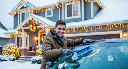Man brushing snow off car windshield in front of house decorated with christmas lights smiling