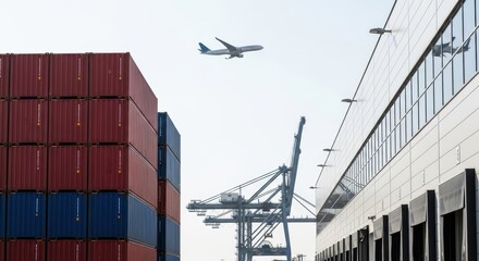 An airplane flies over a shipping yard with containers and a crane near a large warehouse building