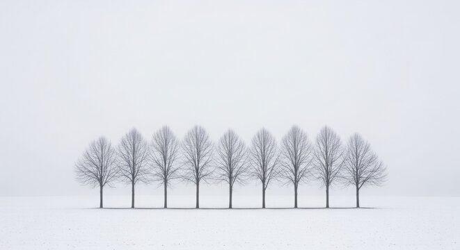 Row of bare trees standing in snowy landscape under foggy sky, minimalist winter scenery.
