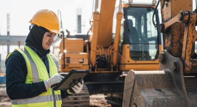 Construction worker using tablet near excavator at a construction site with safety gear on