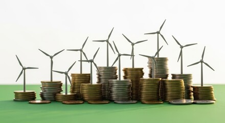 Wind turbines atop stacks of coins on green surface implying renewable energy investment growth concept