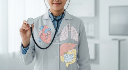 Doctor holding stethoscope with heart lungs liver and intestines diagrams on her lab coat in a clinic