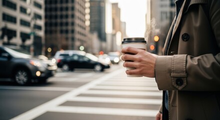 Man in trench coat holding coffee cup on city street with cars and buildings in the background view