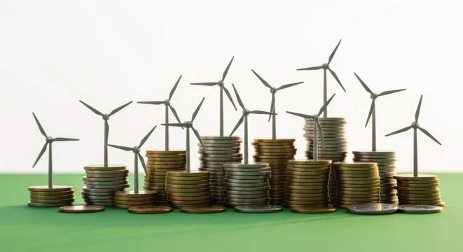 Wind turbines atop stacks of coins on green surface implying renewable energy investment growth concept