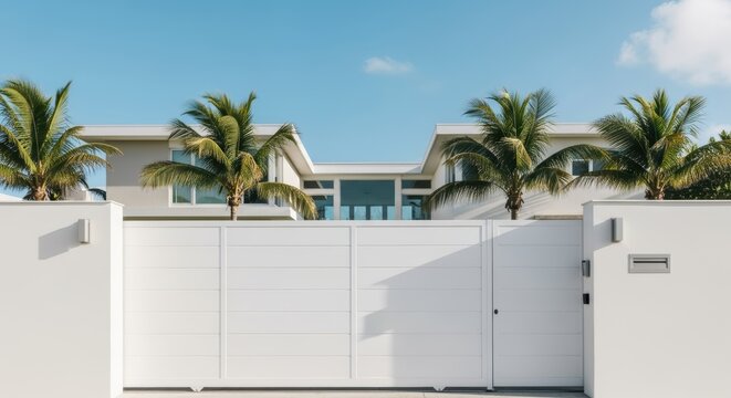 White modern house with gate and palm trees against a bright blue sky on a sunny day in a tropical area
