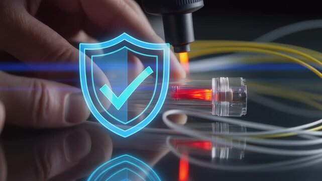 Fiber optic technology technician fusion splicing connector protection testing handheld light warming cable ends glowing gentle touch lab security