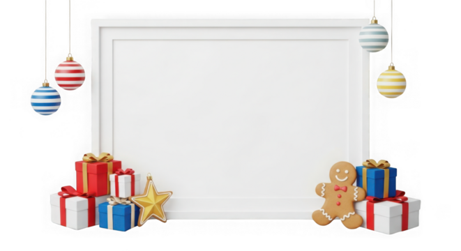 Christmas frame with gifts and gingerbread man isolated on transparent background