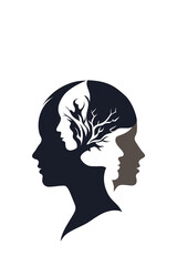 Surreal family-tree illustration showing multiple overlapping profiles symbolizing ancestry, identity, and generational roots, blending human silhouettes with abstract branching forms.
