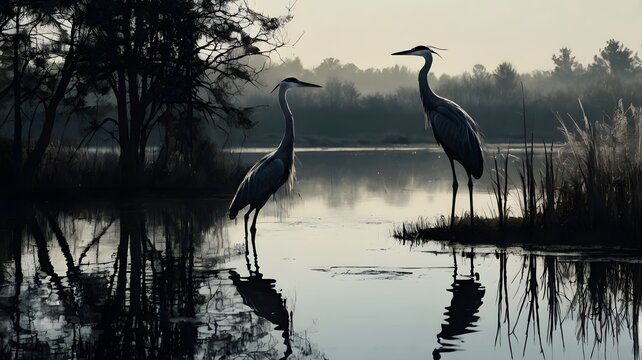 Two Herons Standing in Calm Water at Dawn in Natural Wetland Scene