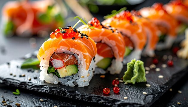 Vibrant Salmon Sushi Rolls with Caviar Wasabi on a Slate Plate CloseUp. - Powered by Adobe
