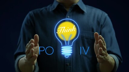 Businessman shows animated neon light bulb with "Think" inside and "POSITIVE" text below. Represents optimistic thinking, creative idea, motivation, and self-improvement. - Powered by Adobe