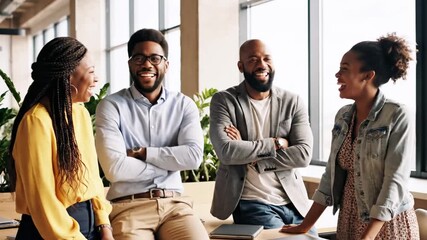 Four diverse people in an office, laughing and interacting near a window - Powered by Adobe
