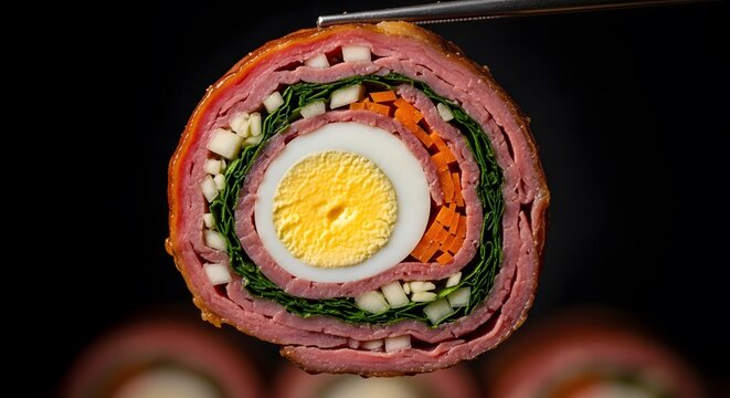 Extreme Close-up of Matambre: Sliced Argentine Rolled Meat Stuffed with Boiled Egg, Carrots, and Spinach, Displaying a Vibrant Cross-Section.