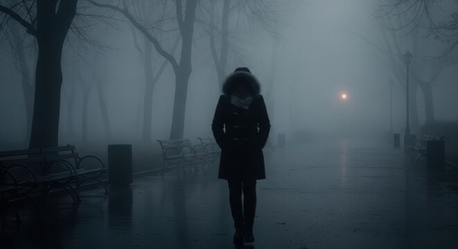 Silhouette of person walking alone in foggy park at night, moody atmosphere with street light glow. - Powered by Adobe